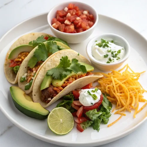 Close-up of crispy breaded cauliflower tacos with toppings.